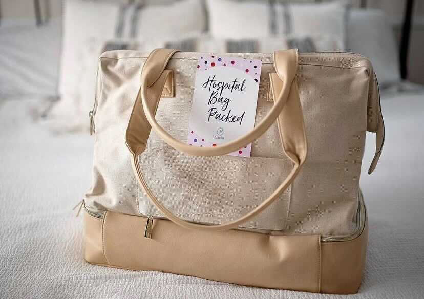 Close-up on packed hospital bag