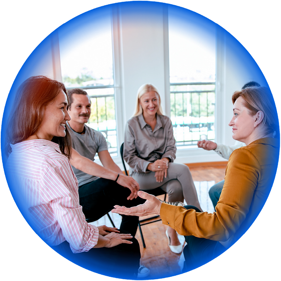 Group therapy session: diverse individuals share experiences in a supportive circle