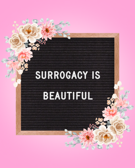 Blackboard with floral decorations on the top left and bottom right corners, reading "surrogacy is beautiful."
