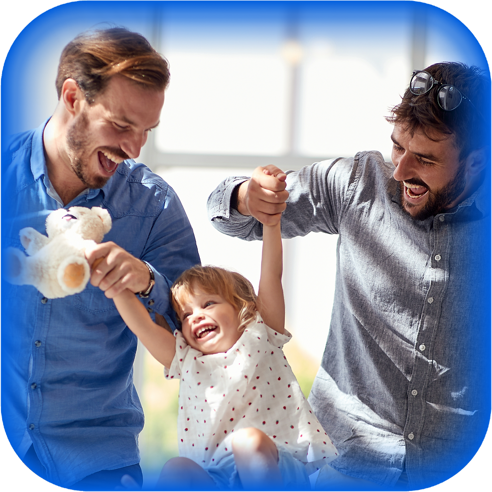 Happy gay dads playfully lift their daughter