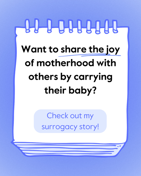 Calendar book reading "want to share the joy of motherhood with others by carrying their baby? Check out my surrogacy story!"